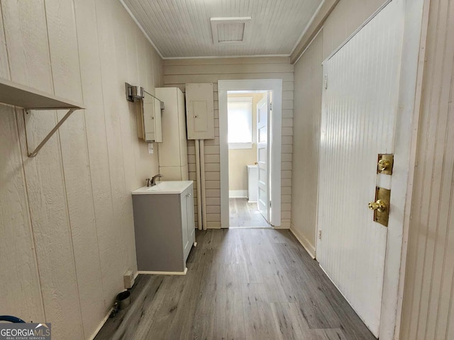 bathroom with vanity, wood walls, wood finished floors, and electric panel