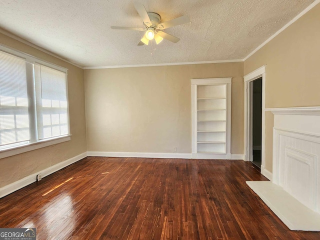 unfurnished living room with wood-type flooring, crown molding, built in features, and a textured ceiling