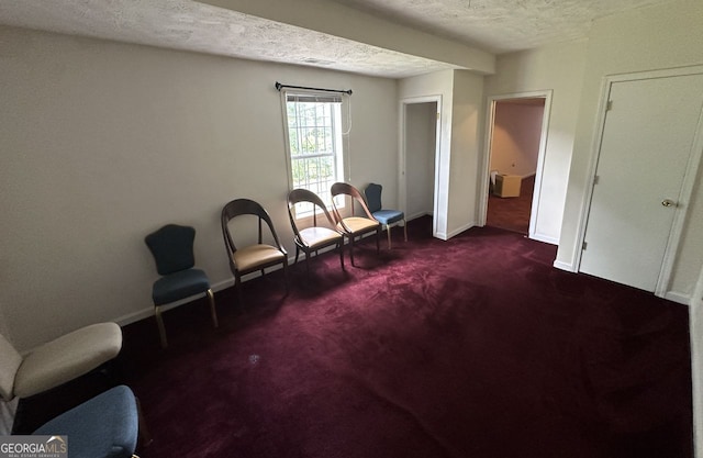 5546 Wellborn Creek Dr, Lithonia, GA 30058 - sitting room featuring a textured ceiling, dark colored carpet, and baseboards