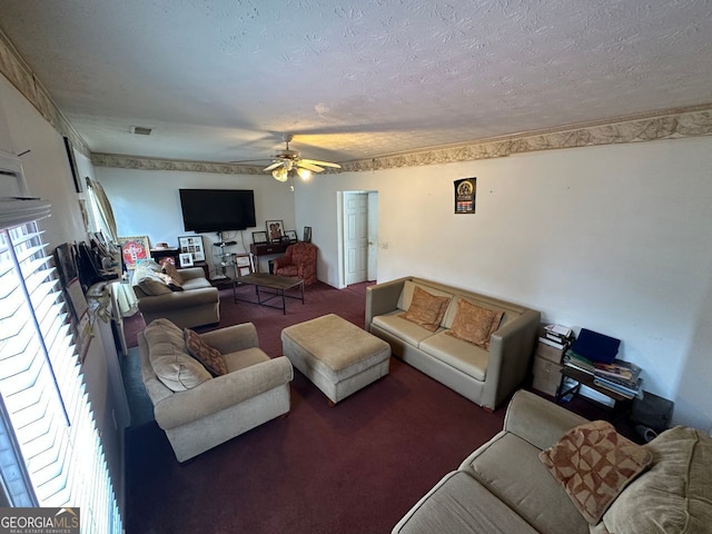 5546 Wellborn Creek Dr, Lithonia, GA 30058 - carpeted living area with ceiling fan and a textured ceiling
