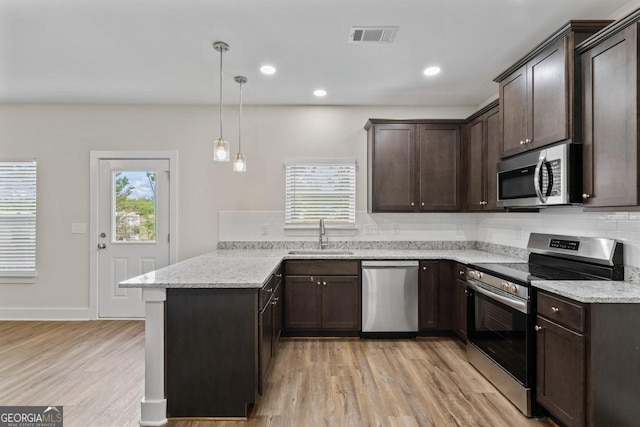 kitchen featuring dark brown cabinets, appliances with stainless steel finishes, a sink, a peninsula, and backsplash