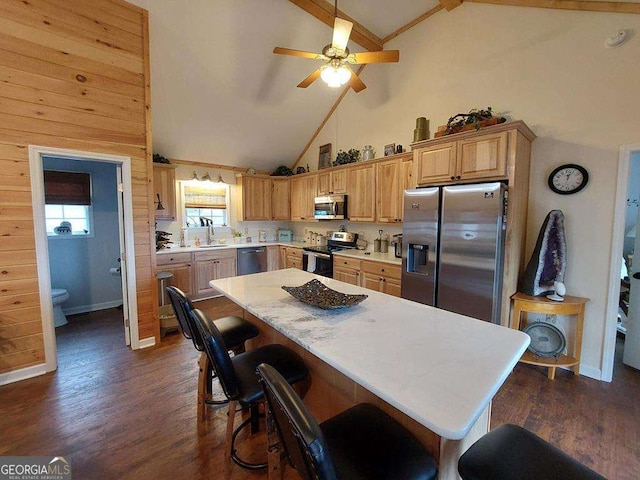 kitchen featuring appliances with stainless steel finishes, light countertops, a sink, and dark wood-type flooring