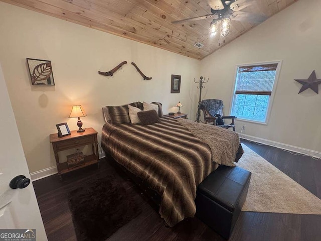 bedroom featuring wooden ceiling, baseboards, vaulted ceiling, and dark wood-type flooring