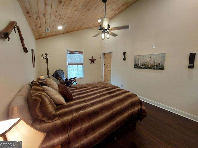 bedroom featuring visible vents, baseboards, wooden ceiling, wood finished floors, and vaulted ceiling