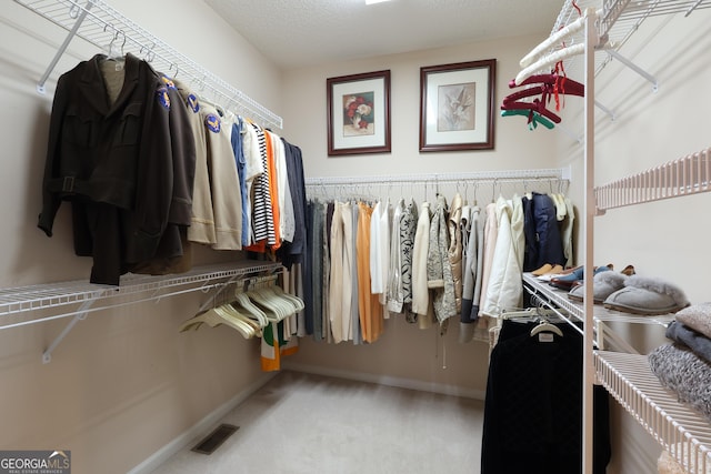 walk in closet featuring carpet flooring
