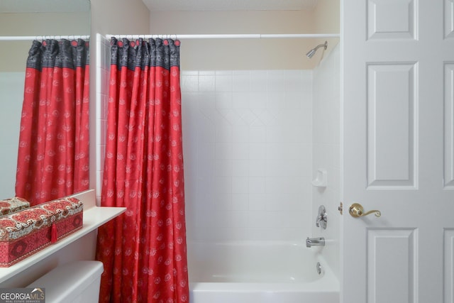 full bathroom with shower / bathtub combination with curtain and toilet