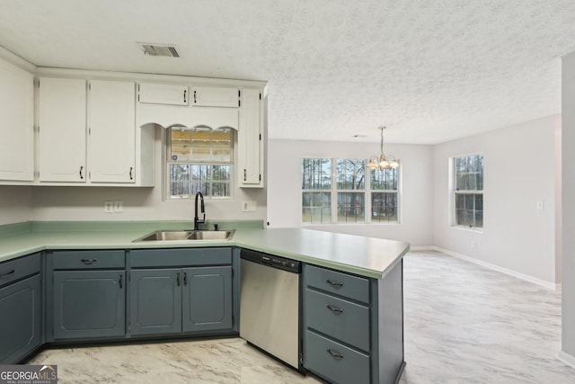 kitchen featuring a sink, white cabinets, a peninsula, and stainless steel dishwasher