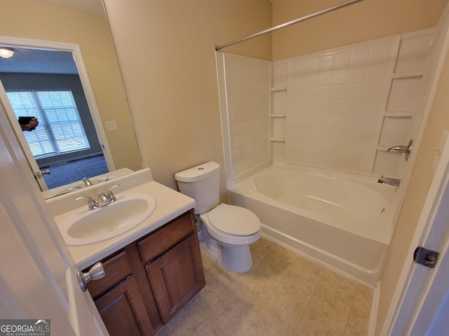 full bath featuring tub / shower combination, vanity, and toilet