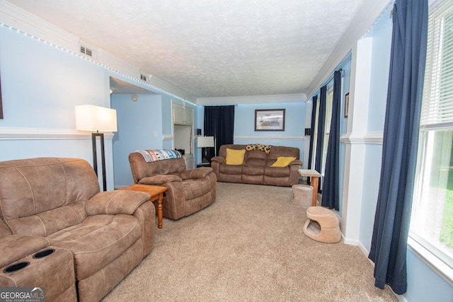 living room featuring a healthy amount of sunlight, visible vents, a textured ceiling, and light colored carpet