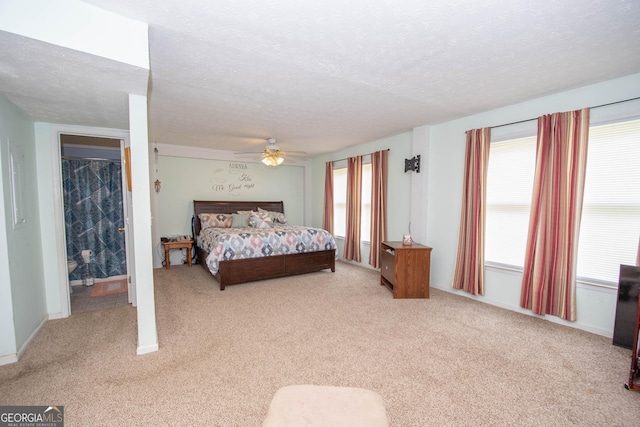 bedroom with multiple windows and light carpet