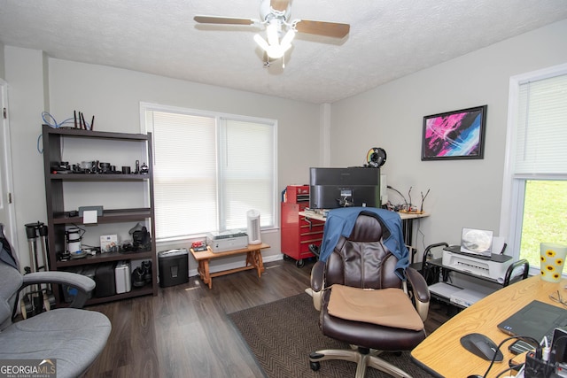 home office featuring ceiling fan, plenty of natural light, a textured ceiling, and wood finished floors