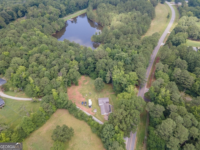 bird's eye view featuring a water view and a view of trees