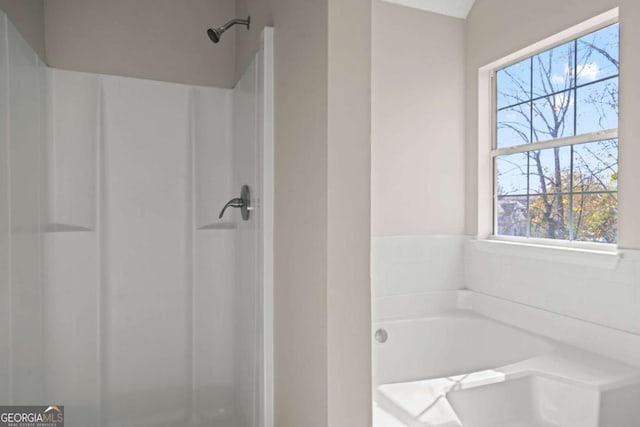 bathroom with a garden tub and a shower stall