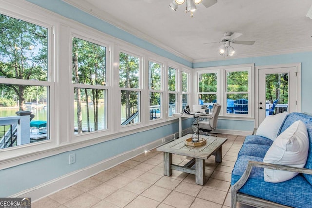 sunroom / solarium featuring ceiling fan