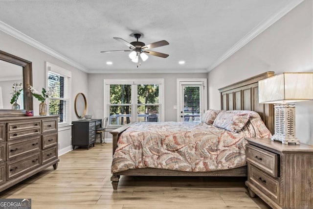 bedroom featuring access to exterior, baseboards, ornamental molding, and light wood finished floors