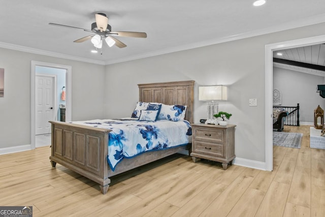 bedroom featuring ceiling fan, recessed lighting, baseboards, ornamental molding, and light wood-type flooring