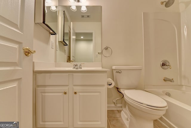 full bathroom featuring shower / bathtub combination, visible vents, toilet, vanity, and tile patterned flooring