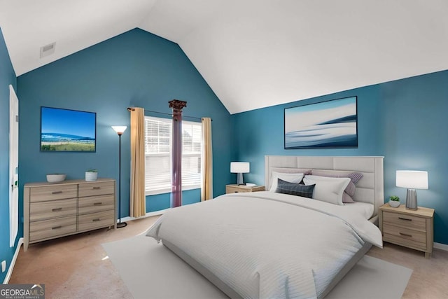 bedroom with carpet, visible vents, vaulted ceiling, and baseboards