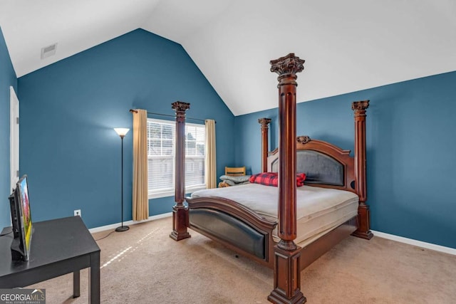 carpeted bedroom with lofted ceiling, visible vents, and baseboards