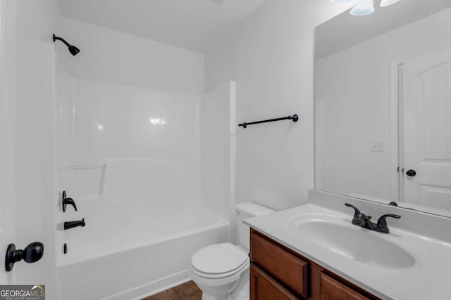 full bath with toilet, shower / tub combination, and vanity