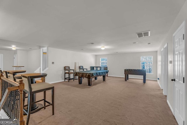 rec room featuring baseboards, pool table, visible vents, and light colored carpet