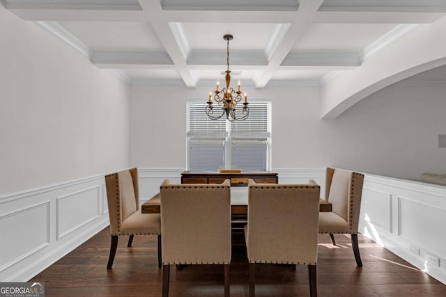 dining space with a chandelier, dark wood-type flooring, wainscoting, and beam ceiling