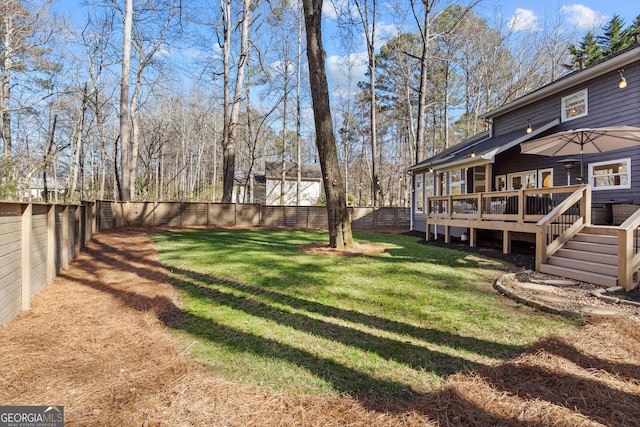 view of yard featuring a deck and a fenced backyard