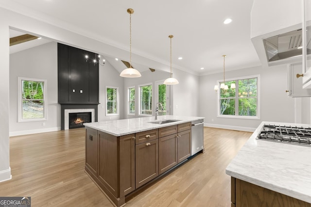 4860 Grandview Ct, Flowery Branch, GA 30542 - kitchen featuring a sink, stainless steel appliances, open floor plan, a large fireplace, and plenty of natural light