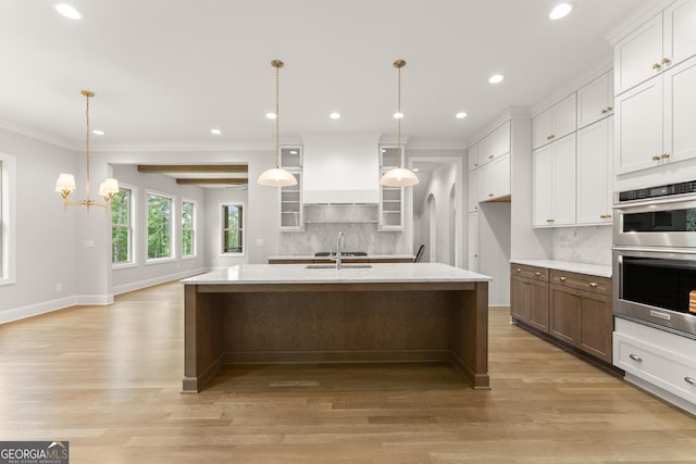 4860 Grandview Ct, Flowery Branch, GA 30542 - kitchen with stainless steel double oven, decorative backsplash, crown molding, glass insert cabinets, and recessed lighting