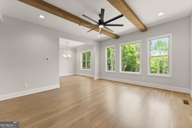 4860 Grandview Ct, Flowery Branch, GA 30542 - unfurnished living room featuring baseboards, a chandelier, beamed ceiling, light wood-style flooring, and a ceiling fan