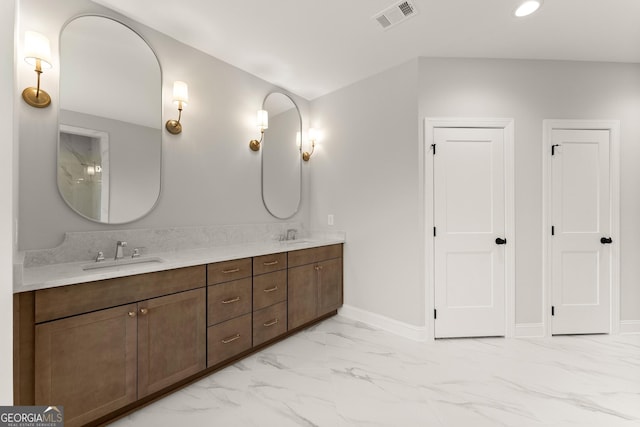4860 Grandview Ct, Flowery Branch, GA 30542 - full bath featuring marble finish floors, double vanity, baseboards, and recessed lighting