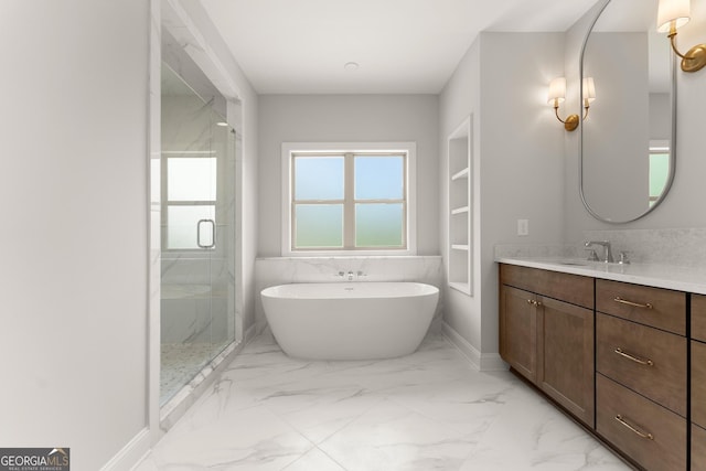 4860 Grandview Ct, Flowery Branch, GA 30542 - full bathroom featuring marble look tile flooring, vanity, a marble finish shower, and a freestanding bath