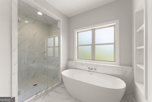 4860 Grandview Ct, Flowery Branch, GA 30542 - bathroom with marble finish floors, a marble finish shower, and a freestanding tub