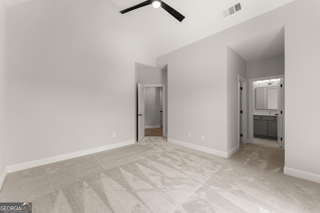 4860 Grandview Ct, Flowery Branch, GA 30542 - unfurnished bedroom featuring carpet floors, baseboards, ensuite bath, a high ceiling, and ceiling fan