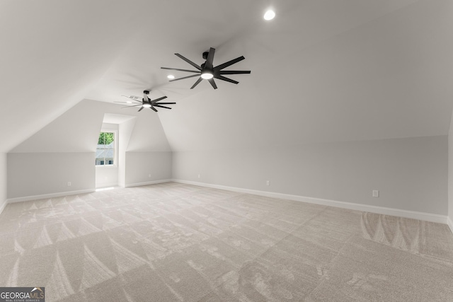 4860 Grandview Ct, Flowery Branch, GA 30542 - bonus room featuring ceiling fan, vaulted ceiling, light colored carpet, and baseboards