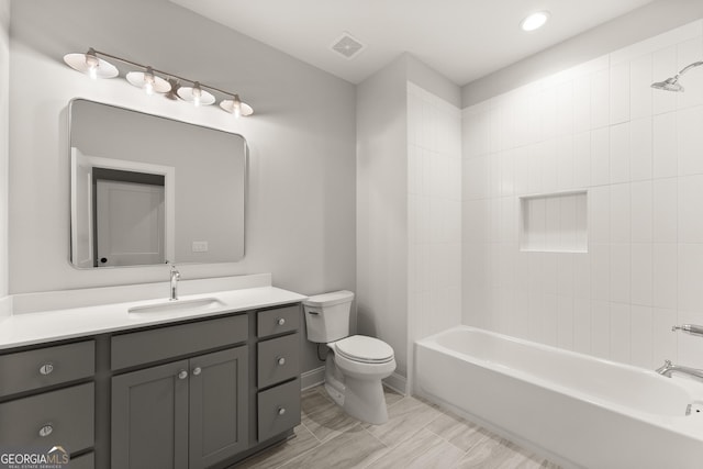 4860 Grandview Ct, Flowery Branch, GA 30542 - bathroom with toilet, vanity, tub / shower combination, recessed lighting, and baseboards