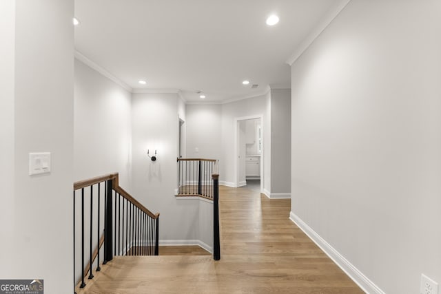 4860 Grandview Ct, Flowery Branch, GA 30542 - corridor featuring an upstairs landing, recessed lighting, ornamental molding, wood finished floors, and baseboards