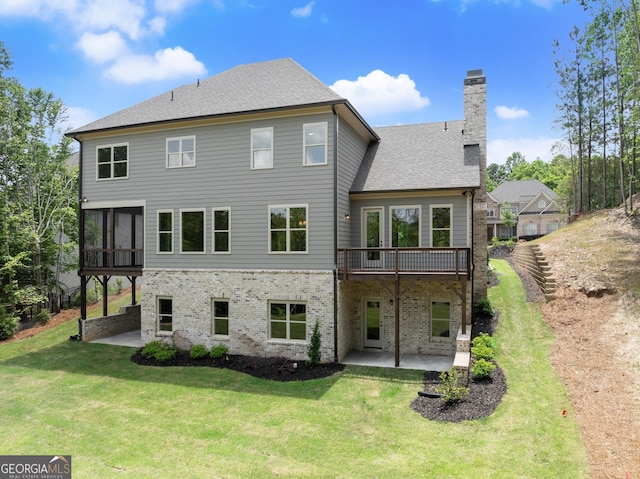4860 Grandview Ct, Flowery Branch, GA 30542 - rear view of house featuring a patio area, a chimney, a lawn, and a wooden deck