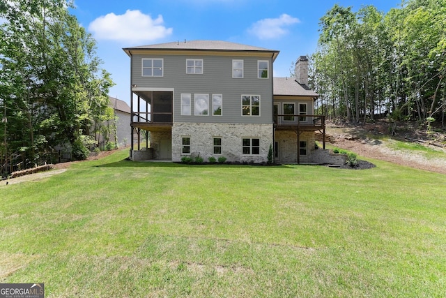 4860 Grandview Ct, Flowery Branch, GA 30542 - back of house featuring a chimney, a lawn, and a wooden deck