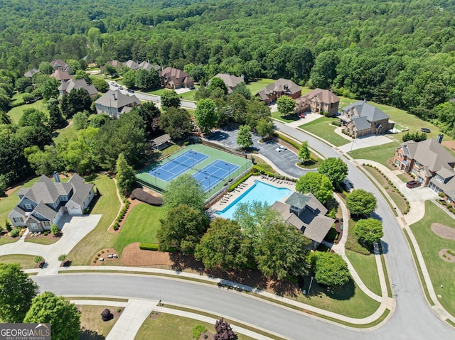4860 Grandview Ct, Flowery Branch, GA 30542 - aerial view of residential area with a heavily wooded area and a pool
