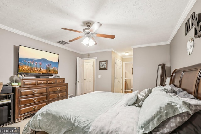 bedroom with light carpet, visible vents, ceiling fan, ornamental molding, and a textured ceiling