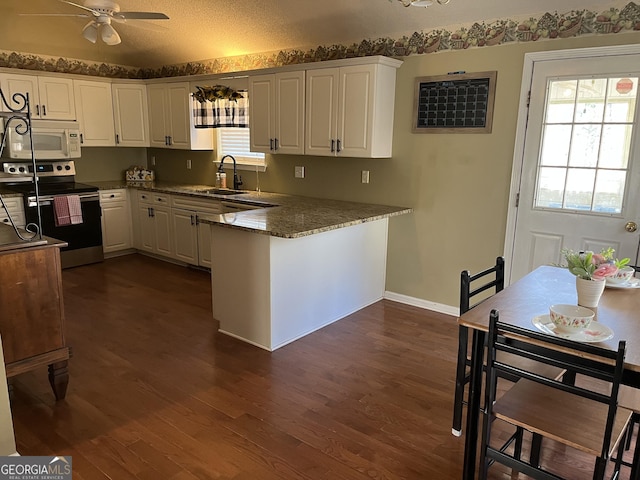 kitchen with white microwave, a peninsula, dark wood-type flooring, a sink, and stainless steel electric stove