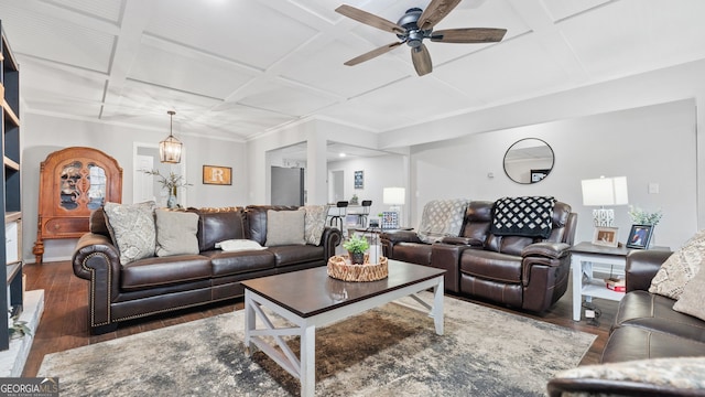 living room with ornamental molding, coffered ceiling, ceiling fan, and hardwood / wood-style flooring