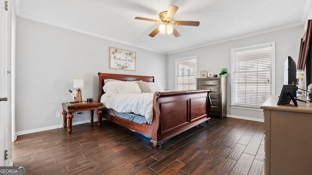 bedroom with baseboards, ornamental molding, dark wood finished floors, and a textured ceiling