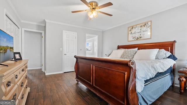 bedroom with crown molding, a textured ceiling, baseboards, and dark wood-style flooring