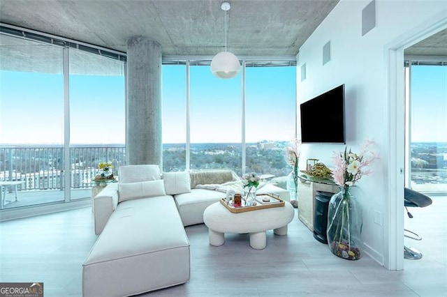 living area with baseboards, a wall of windows, and wood finished floors