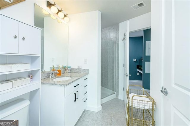 bathroom with visible vents, toilet, tile patterned flooring, vanity, and a shower stall