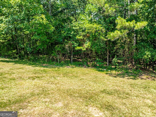 view of yard featuring a forest view