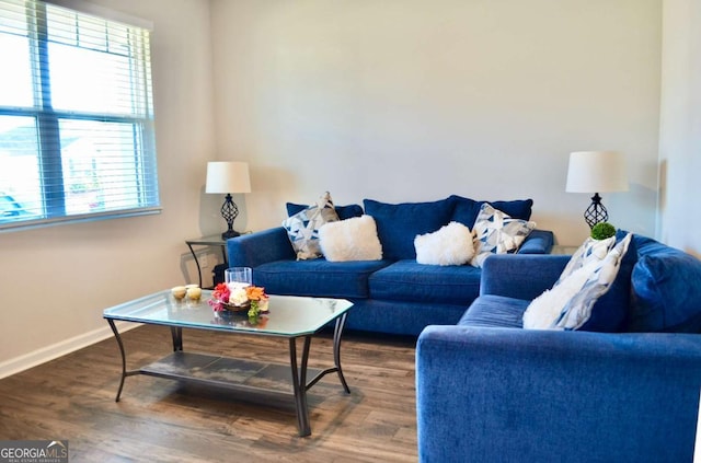 living area with baseboards and wood finished floors