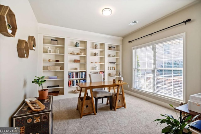 office area with carpet and visible vents